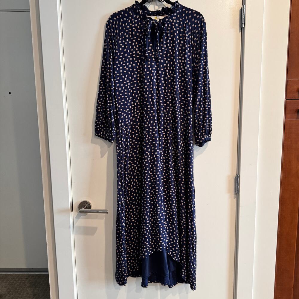 Boden Maxi Dress Blue White Polka Dot Front Tie Ruffle Neck Long Sleeve Sz 14